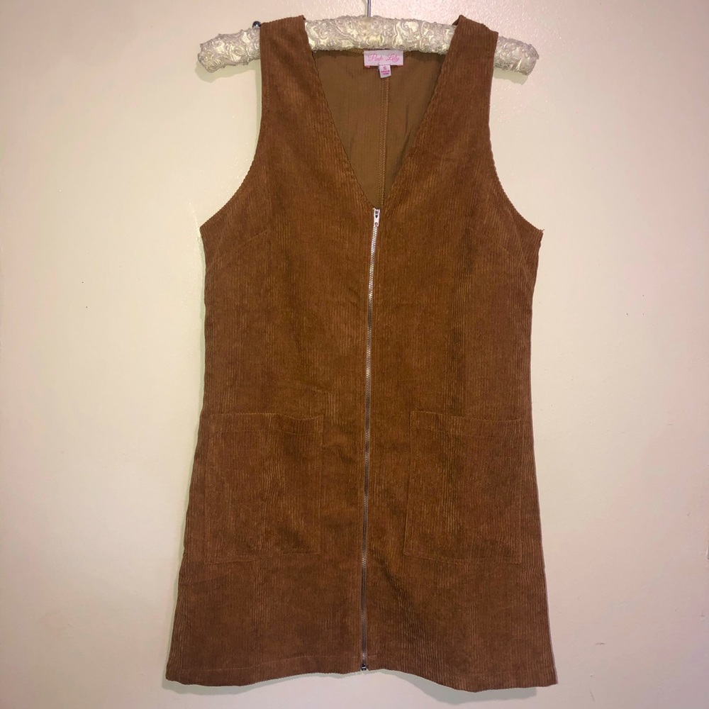 Brown western style corduroy pinafore full zip sleeveless mini dress size small